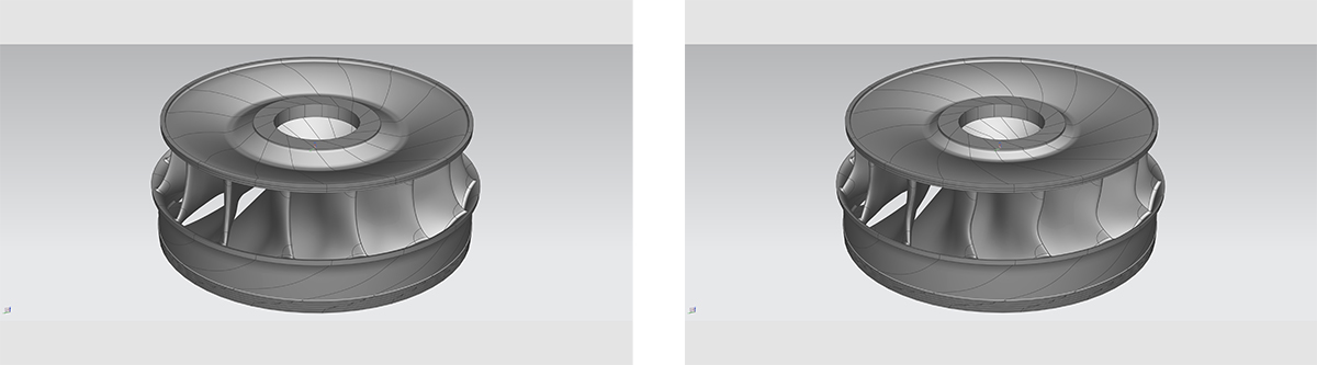 Vergleich zwischen einem klassisch ausgelegten Laufraddesign (links) und einem durch AutoOpti optimierten Design. (rechts)