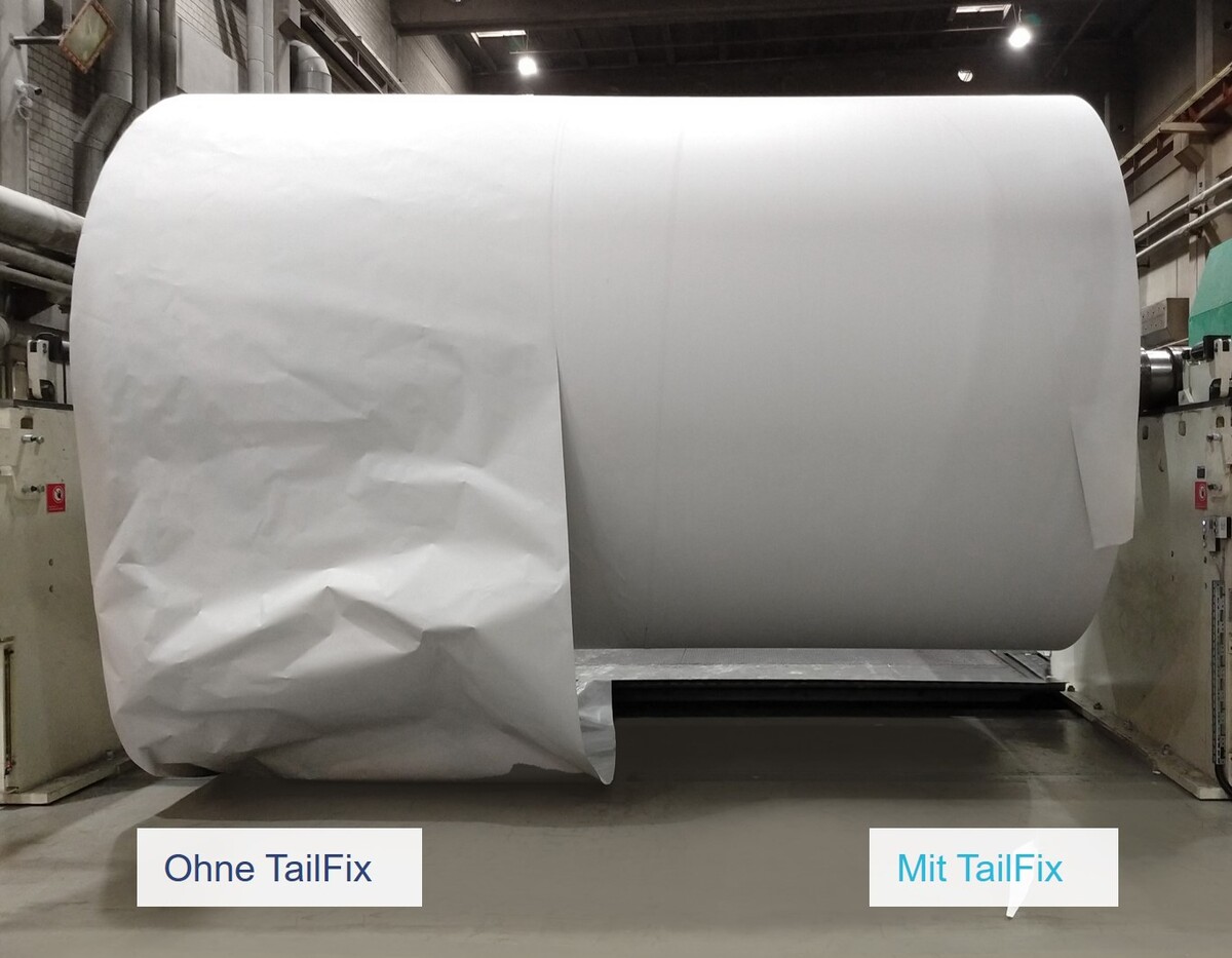 Mithilfe des TailFix k&ouml;nnen Papierenden zuverl&auml;ssig fixiert werden. Auf dem Bild sieht man links den Zustand ohne Au&szlig;enlagenverklebung und rechts den optimierten nach der Verwendung des automatischen Leimauftragssystems TailFix.