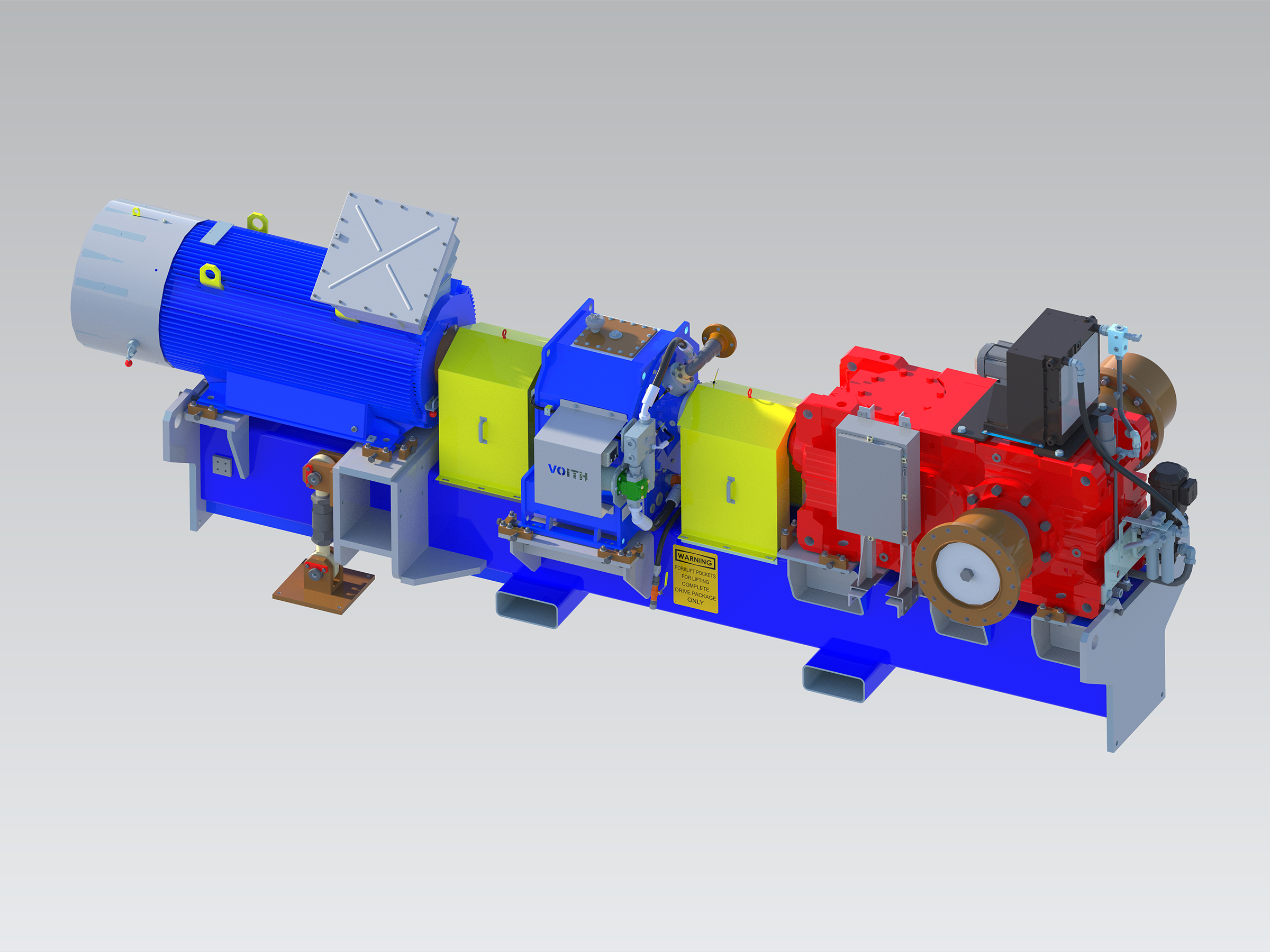 3D-Bild des kompletten 900-PS-Antriebspakets f&uuml;r das historische Dune Express Projekt von Atlas Energy Solutions, einschlie&szlig;lich der f&uuml;llungsgesteuerten Turbokupplungen vom Typ TurboBelt 800 TPXL, die den Gurtf&ouml;rderer gemeinsam mit den Elektromotoren von ELIN Motoren antreiben werden. 