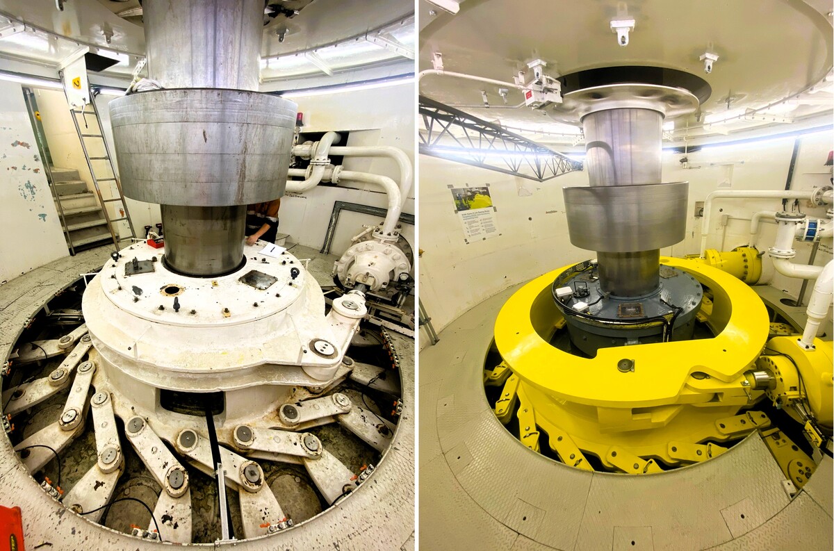 Die urspr&uuml;ngliche Turbine aus den 1950er Jahren (links) wurde durch eine neue Voith-Turbine (rechts) erfolgreich ersetzt.