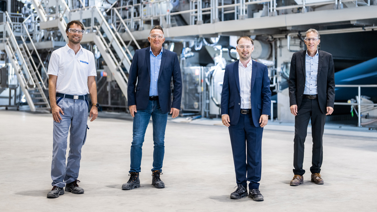 From left to right: Ren&eacute; Bauer, Project Manager at Voith Paper; Peter Resvanis, Project Manager at Progroup AG; Maximilian Heindl, Member of the Board and Chief Development Officer at Progroup AG; and Dr. Michael Trefz, President Projects at Voith Paper.